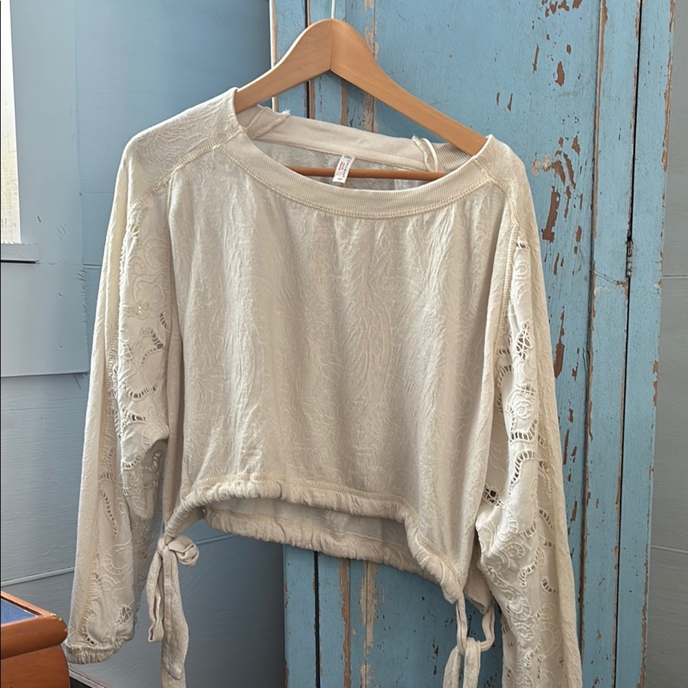 FP Movement by Free People Cream Cropped Tie sides Hoodie